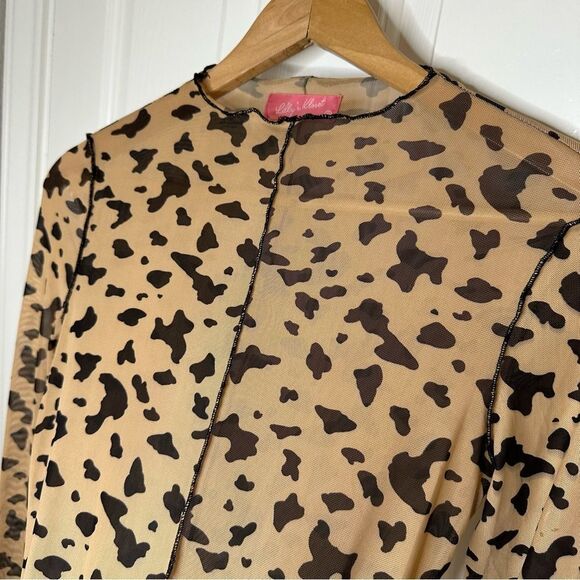 Lilly’s Kloset Tan Black Cqw Print Lettuce Trim Lomgsleeve Mesh Bodysuit Sz S - Picture 2 of 7